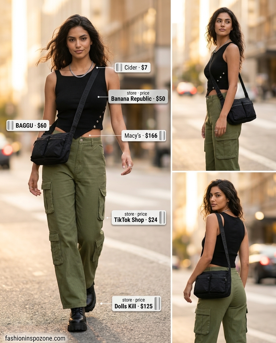 Edgy black asymmetric neck top with olive cargo pants for summer 2026 streetwear outfits.