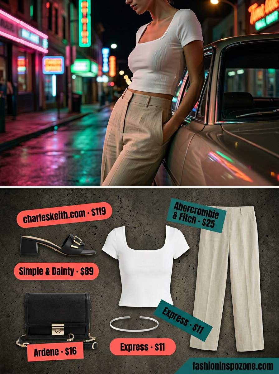 Chic summer backyard party outfit for women 2026: beige wide-leg pants, white crop top, black heels & bag.
