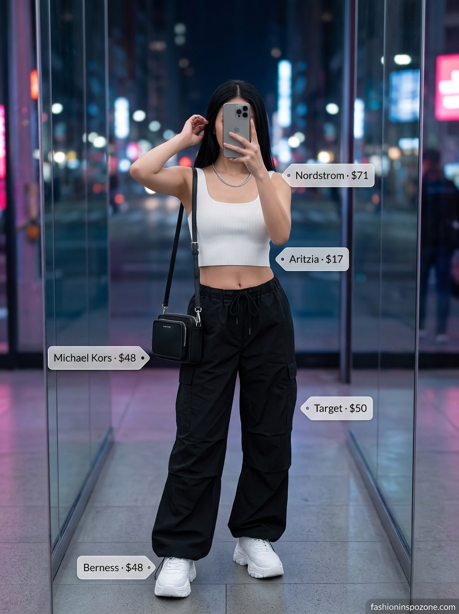 Edgy summer backyard party outfit for women 2026: black cargo pants, white crop top, platform sneakers.