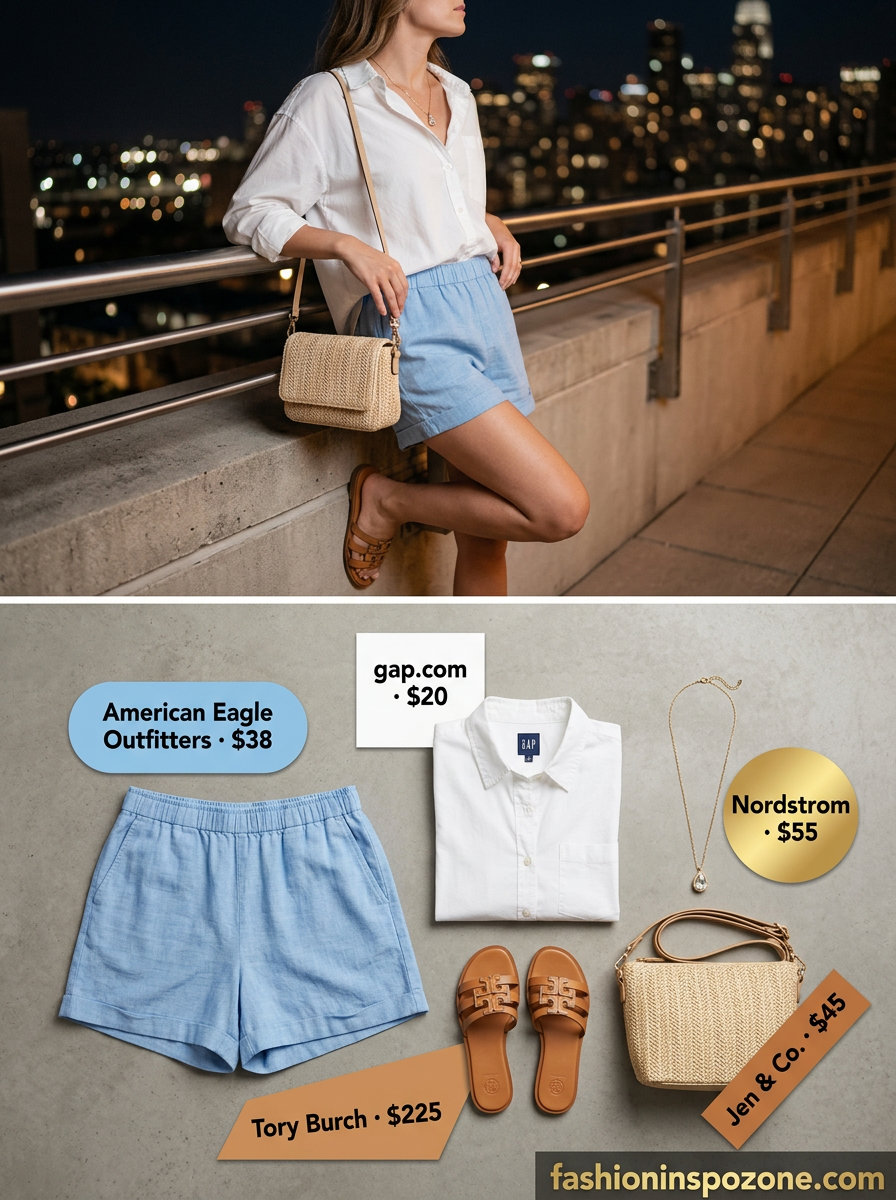 Relaxed summer backyard party outfit for women 2026: light blue linen shorts, white oversized shirt, straw bag.