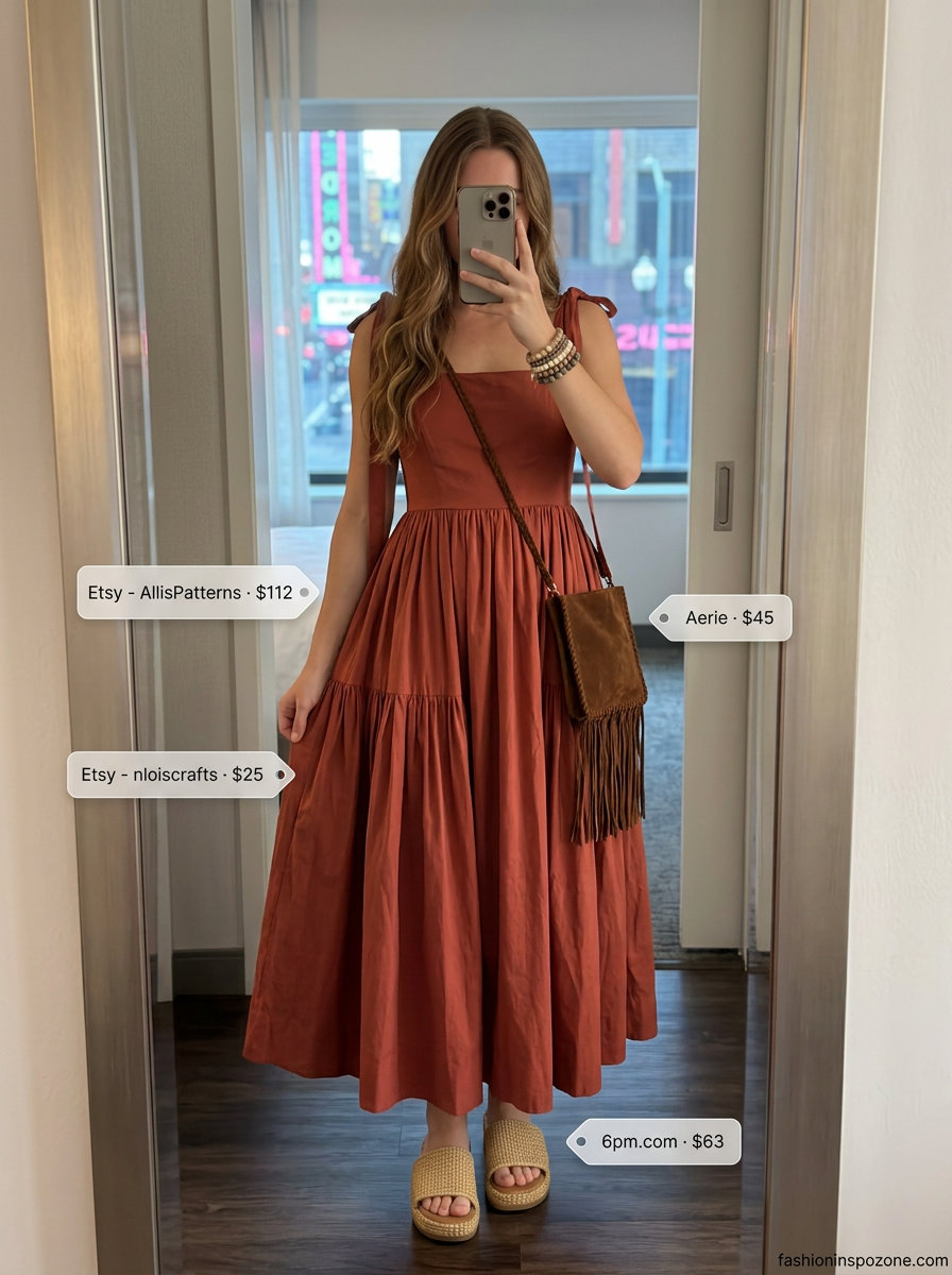 Boho tiered maxi dress with fringe bag and woven sandals for a relaxed summer backyard party outfit for women 2026.