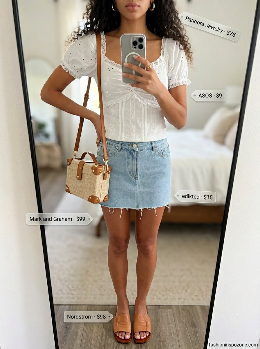 Playful summer backyard party outfit for women 2026: denim mini skirt, white eyelet blouse, raffia bag.
