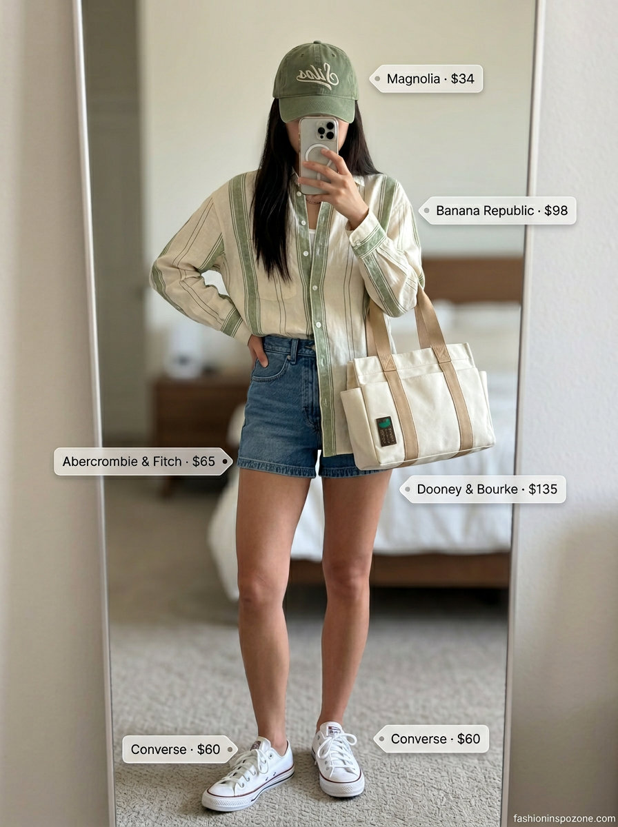 Denim shorts with linen shirt, baseball cap, and sneakers for a casual summer backyard party outfit for women 2026.