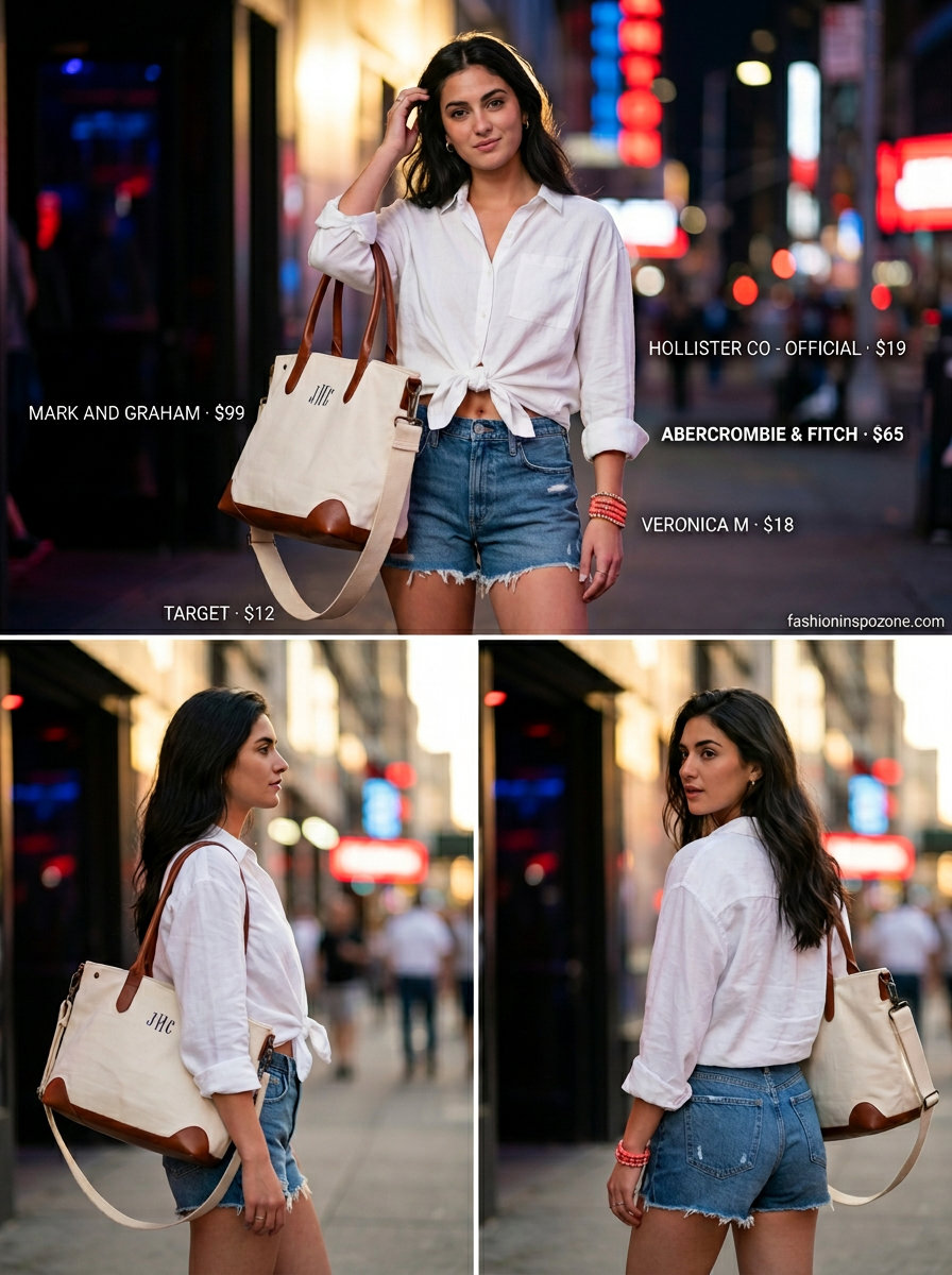 Casual denim shorts outfit for women, cool summer backyard party outfit 2026 with linen shirt and canvas tote.