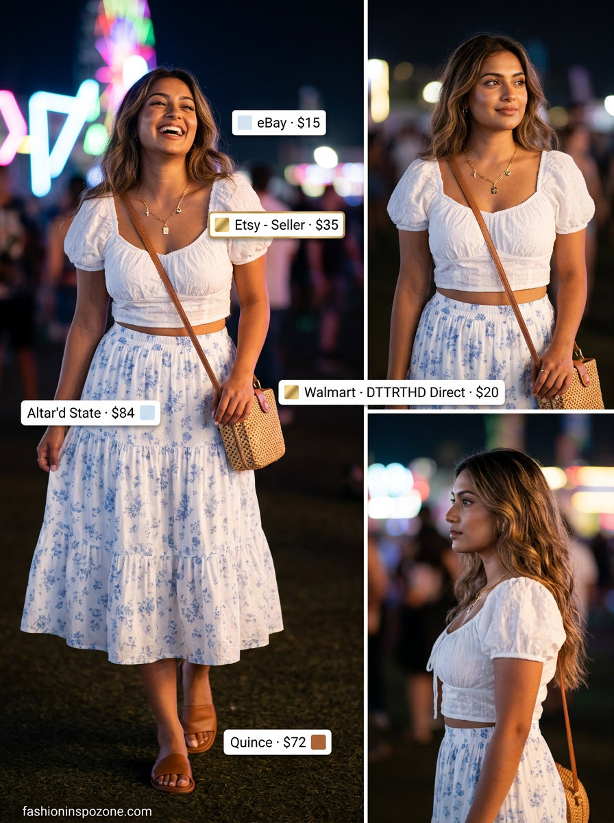 Feminine summer backyard party outfit for women 2026: floral midi skirt, white peasant blouse, straw bag.