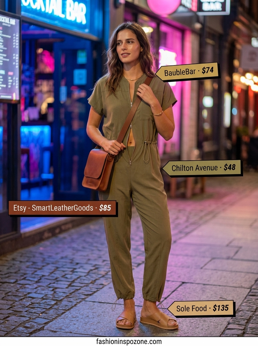 Chic olive green utility jumpsuit for women, relaxed summer backyard party outfit 2026 with leather crossbody and sandals.