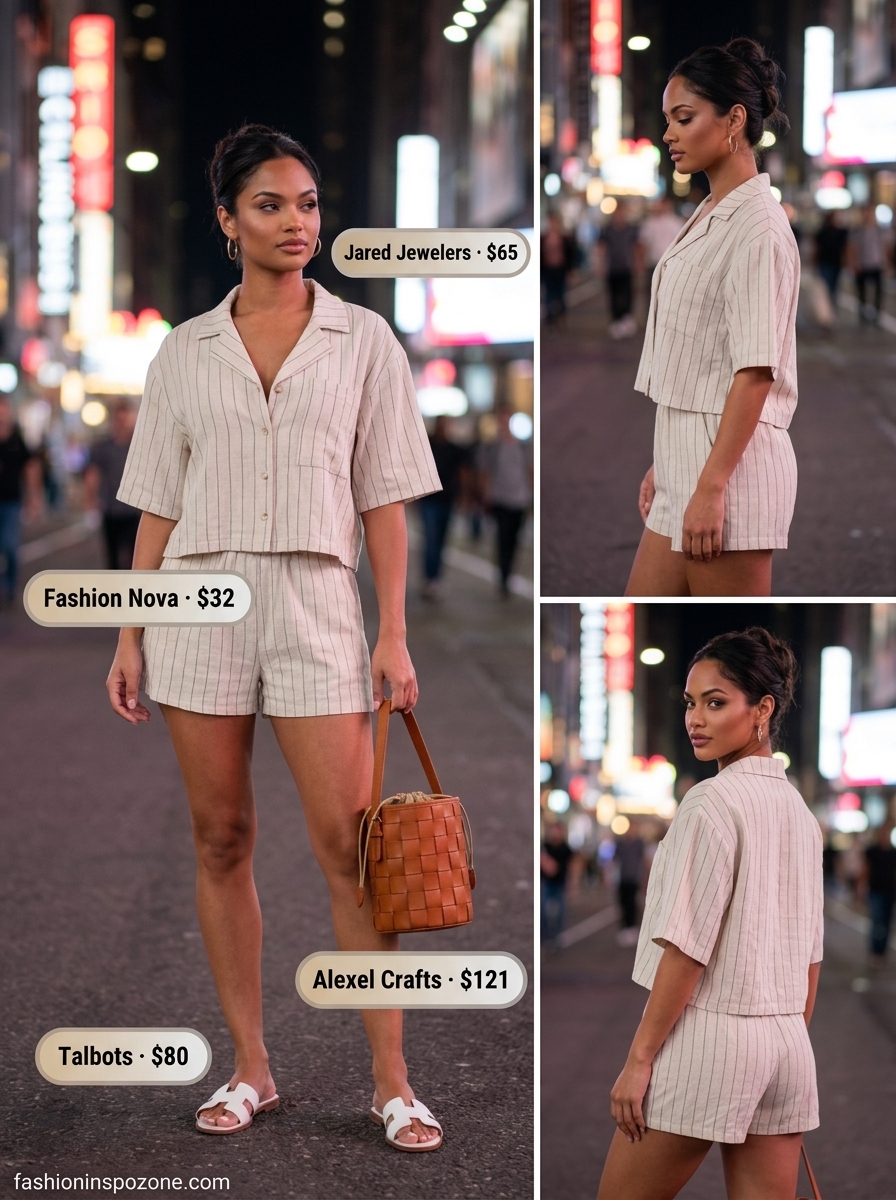 Chic white linen co-ord set for women, ideal summer backyard party outfit 2026 with gold earrings and woven bag.