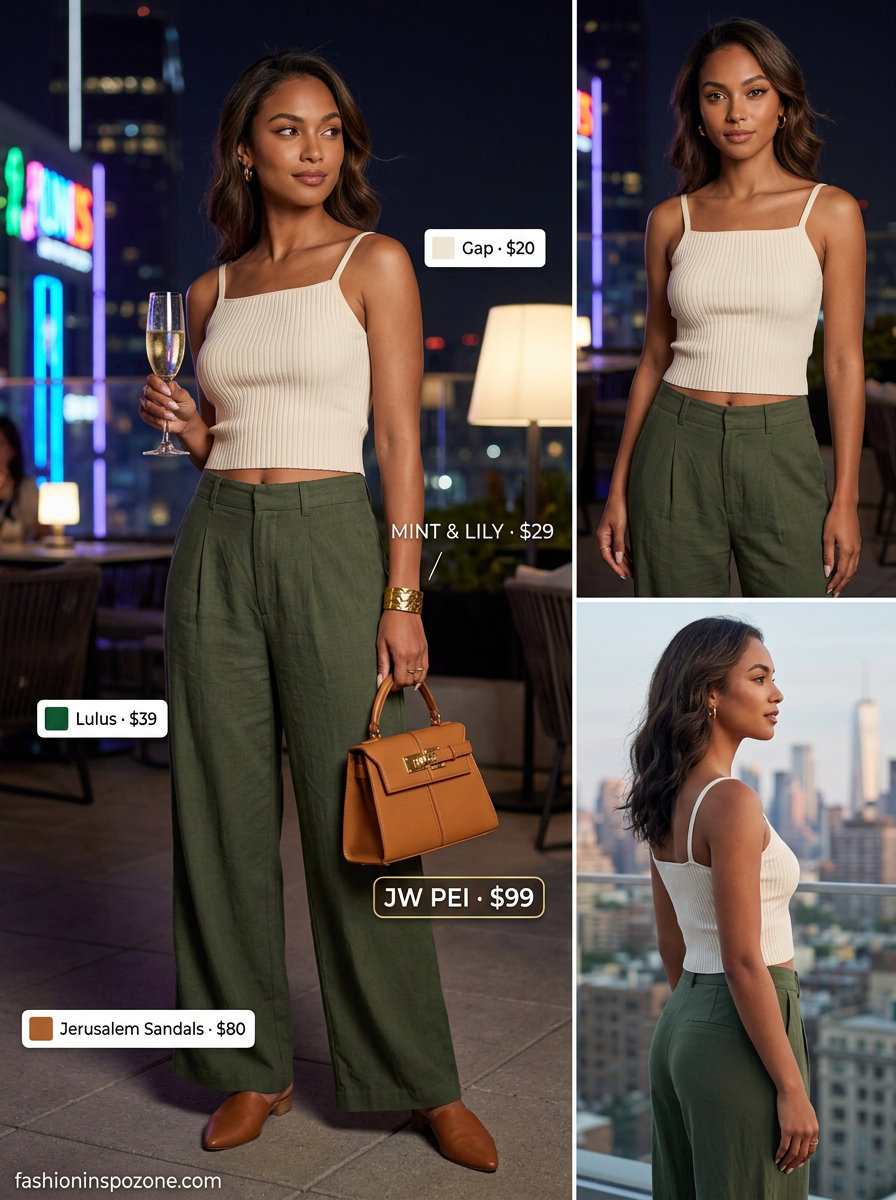 Olive linen pants with cream tank, mules, and top-handle bag for a chic summer backyard party outfit for women 2026.