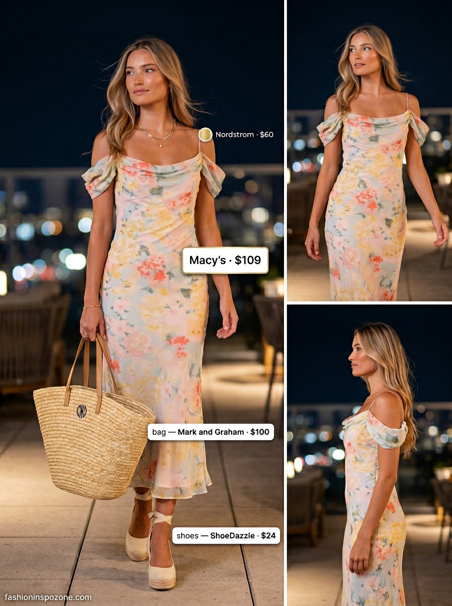 Romantic pastel floral midi dress for women, dreamy summer backyard party outfit 2026 with straw tote and espadrilles.