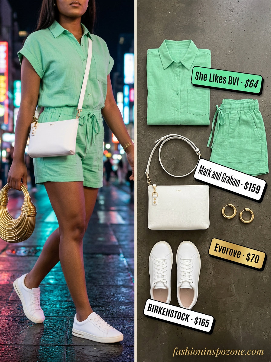 Fresh mint green linen co-ord set for women, chic summer backyard party outfit 2026 with white bag and gold earrings.