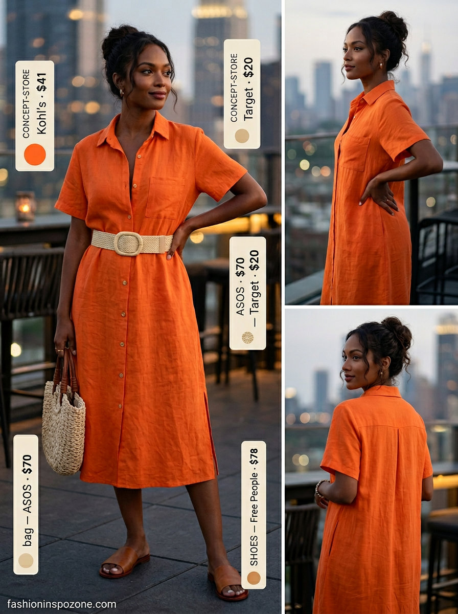 Vibrant summer backyard party outfit for women 2026: bright orange linen midi dress, woven belt & slides.