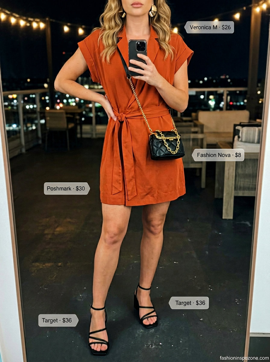 Sophisticated summer backyard party outfit for women 2026: mango orange wrap dress, black heels & bag.