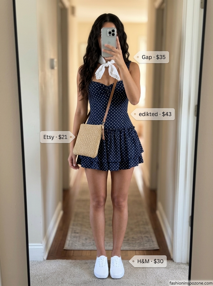 Polka dot romper with straw bag, white sneakers, and bandana for a playful summer backyard party outfit for women 2026.