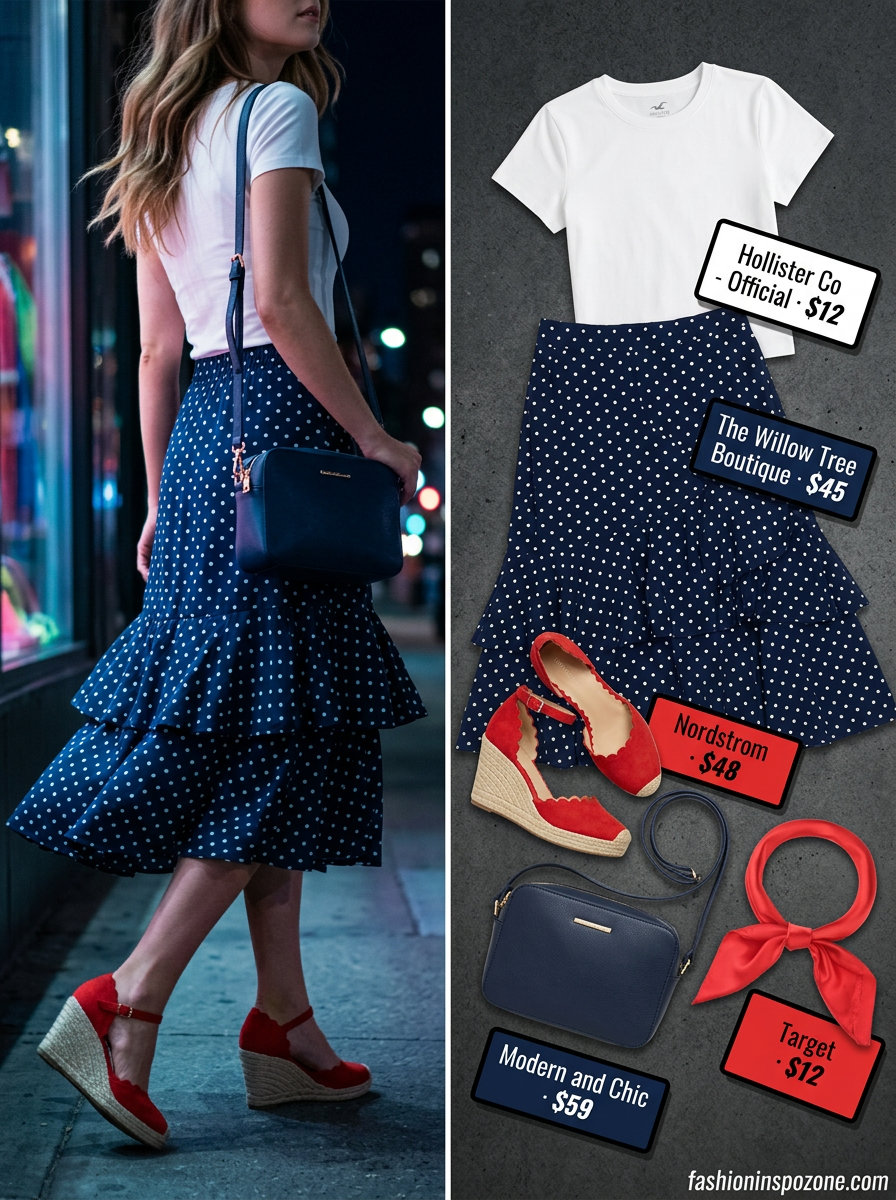 Polka dot midi skirt with white tee, red espadrilles, and crossbody bag for a charming summer backyard party outfit for women 2026.