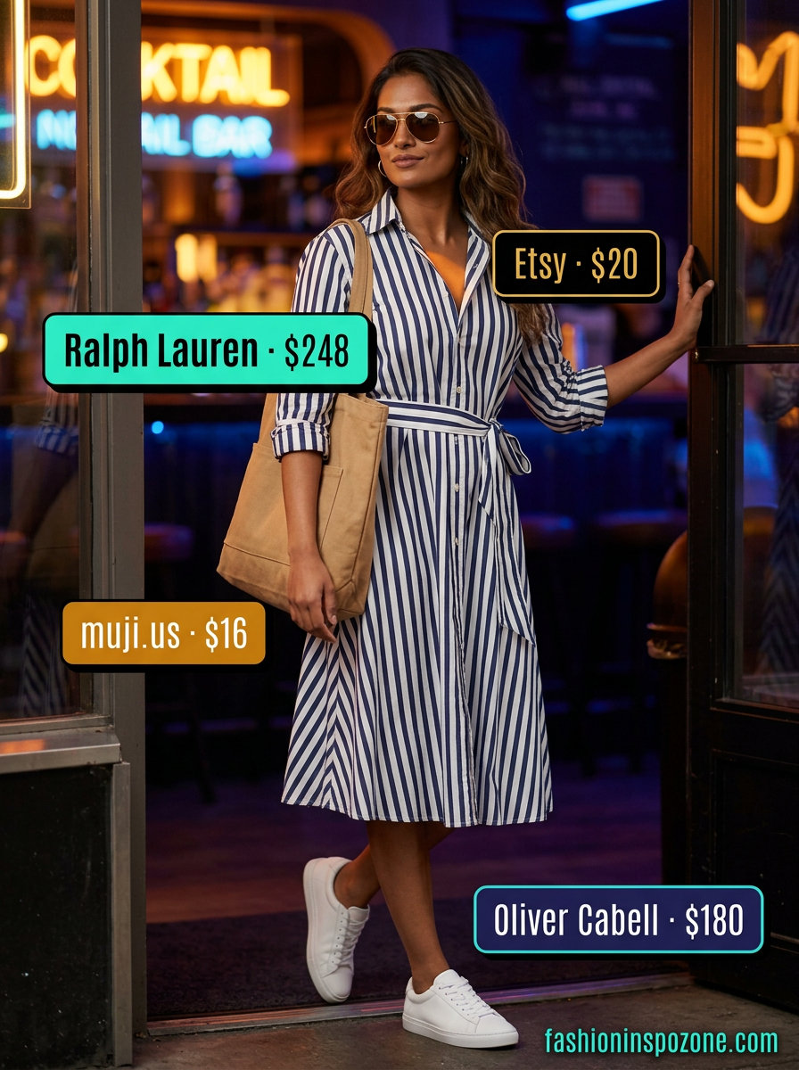 Navy stripe shirtdress with white sneakers, canvas tote, and aviators for a classic summer backyard party outfit for women 2026.