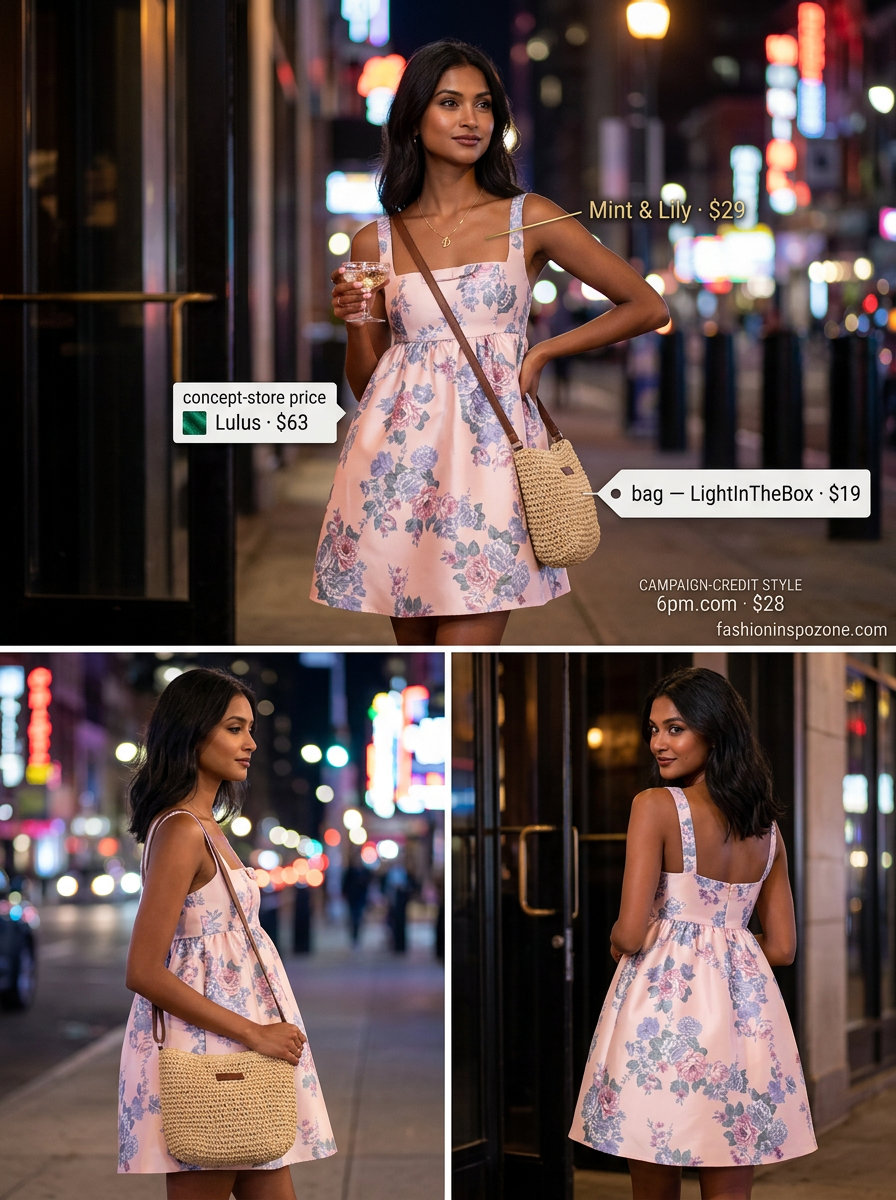 Sweet pastel pink floral sundress for women, easy summer backyard party outfit 2026 with straw bag and sneakers.