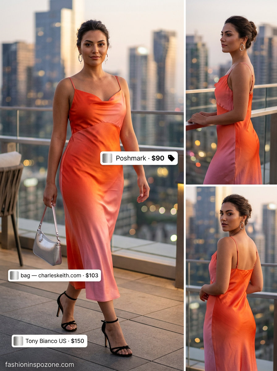 Sunset ombre slip dress with black sandals and silver bag for a glamorous summer backyard party outfit for women 2026.