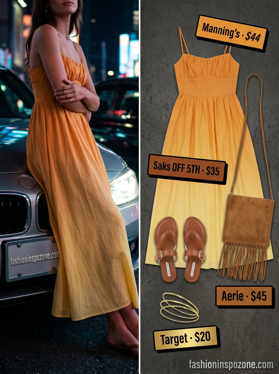 Bohemian sunset ombre maxi dress for women, stunning summer backyard party outfit 2026 with gold bangles and fringe bag.