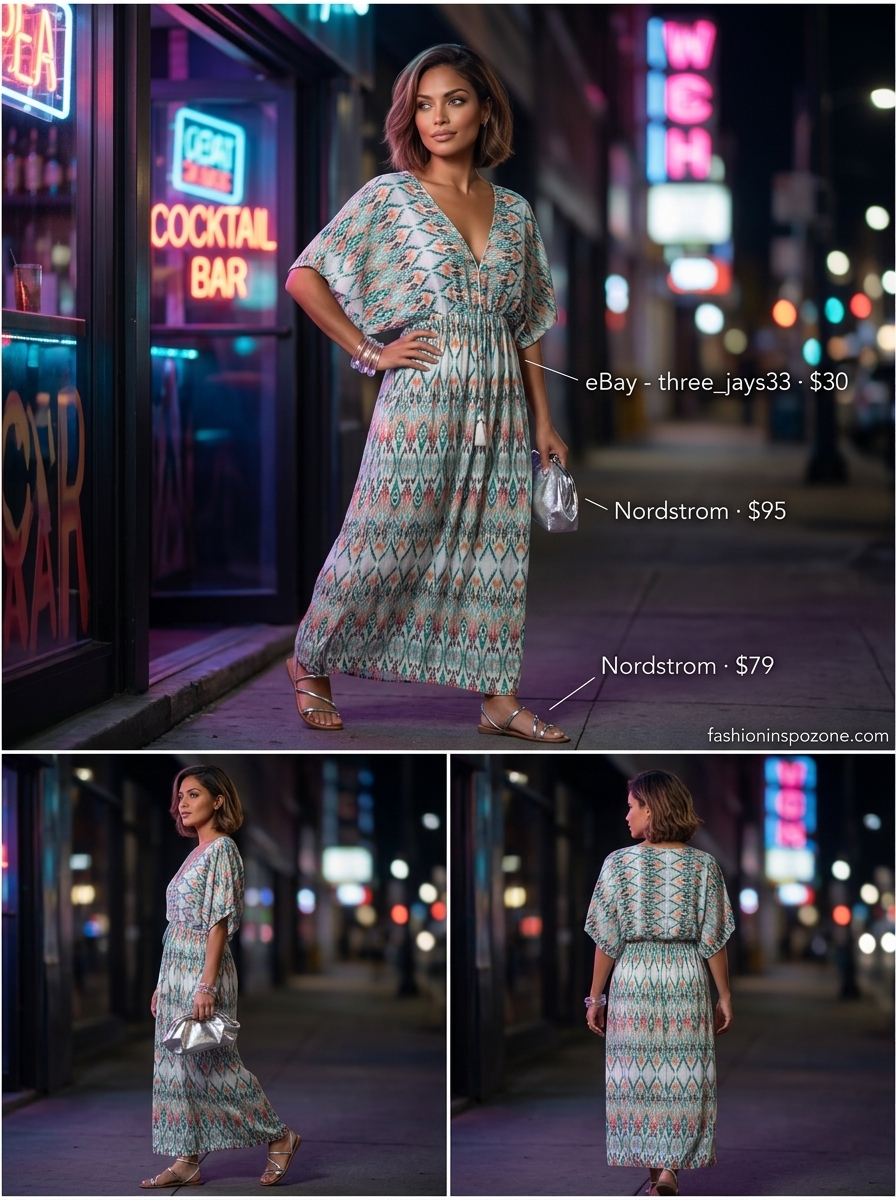 Bold teal geometric print maxi dress for women, perfect summer backyard party outfit 2026 with silver sandals and clutch.