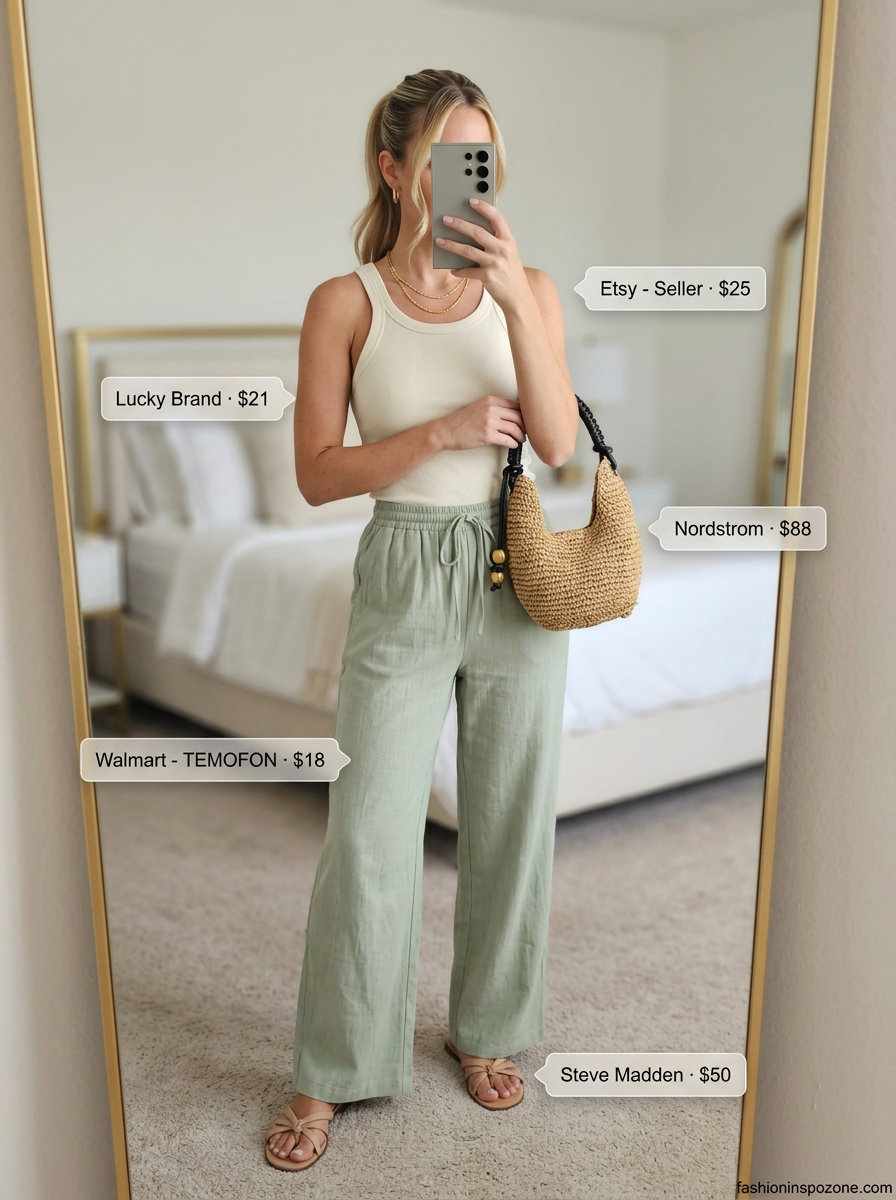 Sage green linen pants with cream tank, straw bag, and leather sandals for a relaxed summer backyard party outfit for women 2026.