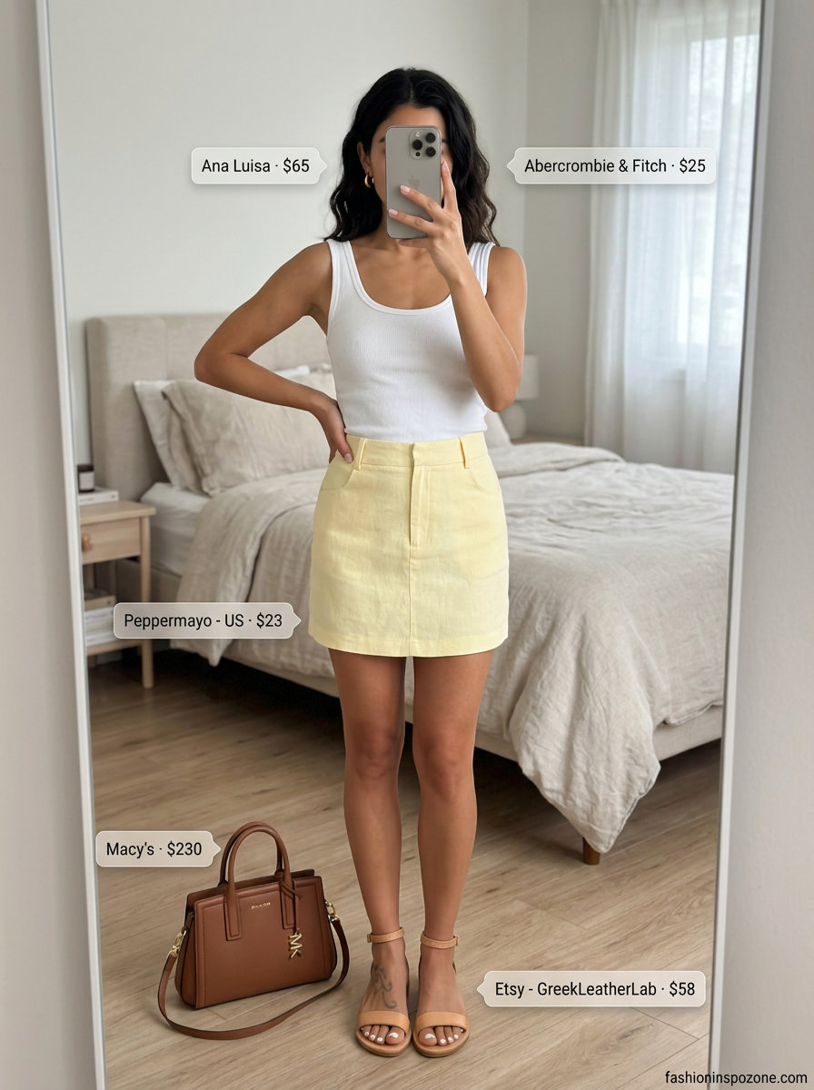 Romantic summer backyard party outfit for women 2026: yellow linen skirt, white tank, tan sandals.
