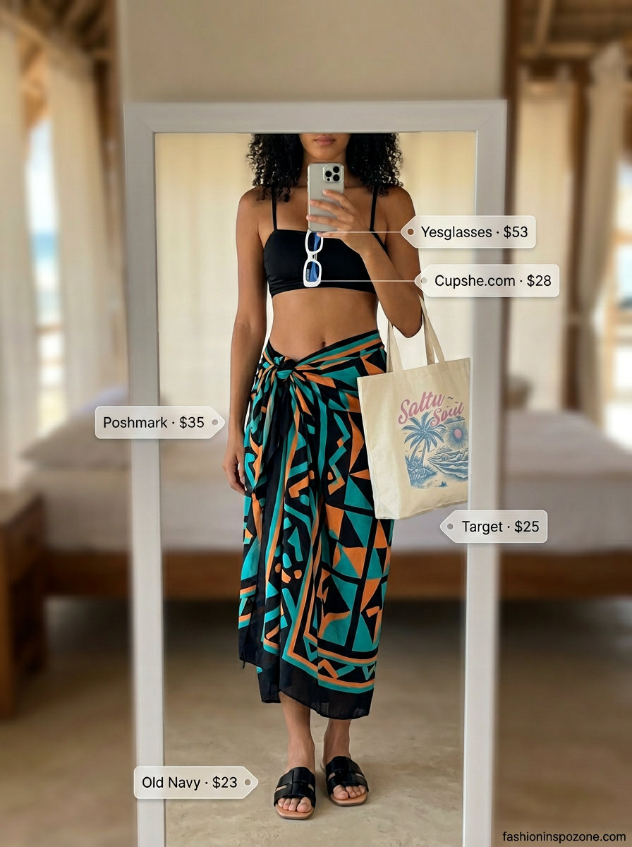 Bold geometric print sarong cover up outfit for women 2026 with black bikini, flat slides, and canvas tote.