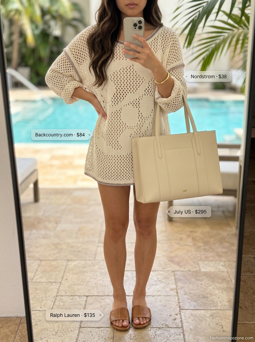 Chic minimalist summer beach cover up outfit for women 2026: cream tunic, tan slides, gold bangle, structured tote.