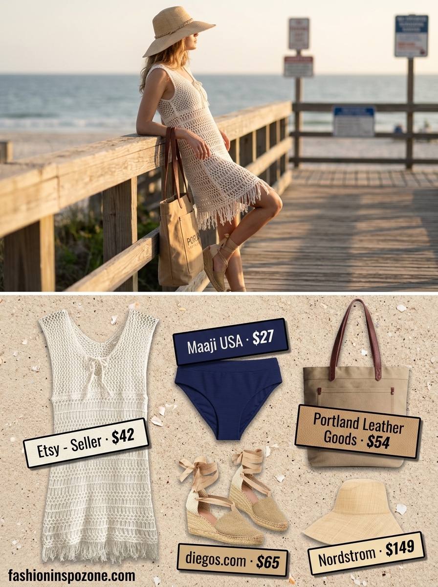 Bohemian summer beach cover up outfit for women 2026: Cream crochet mini dress, denim bikini, and straw hat.