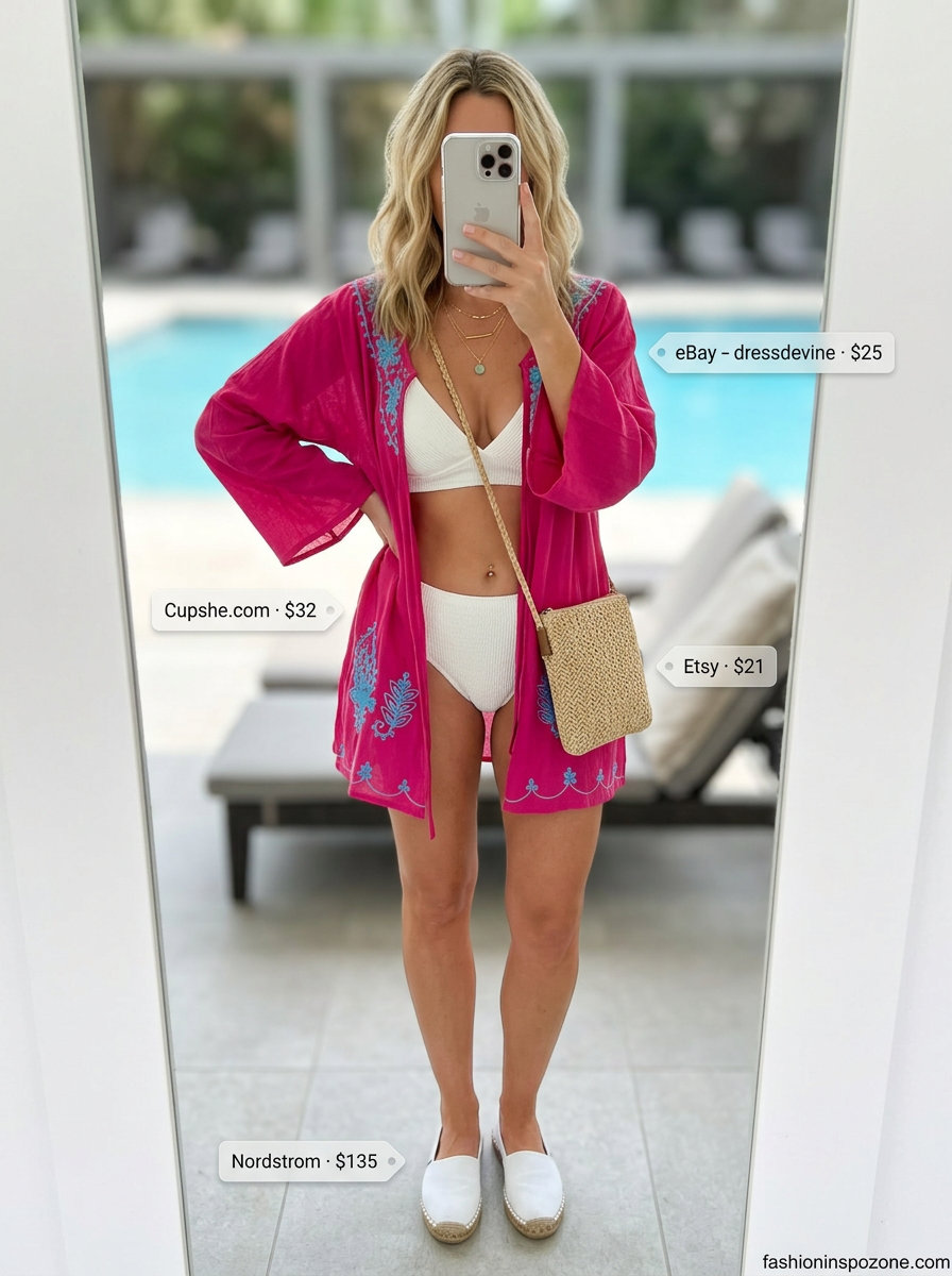 Earthy summer beach cover up outfit for women 2026: Desert rose tunic, white bikini, and straw crossbody bag.