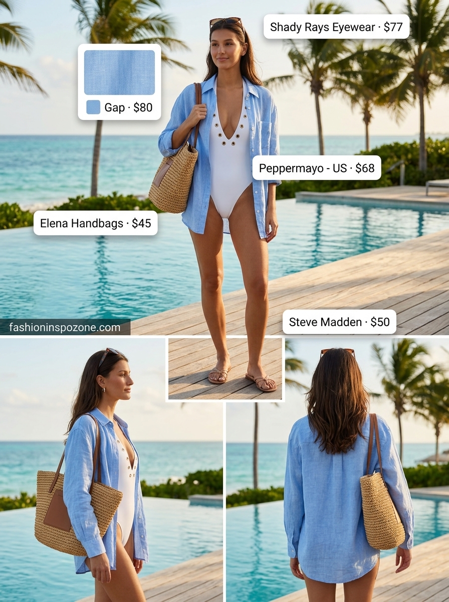 Classic soft blue linen shirt cover up outfit for women 2026 with white swimsuit, straw tote, and tortoiseshell sunglasses.