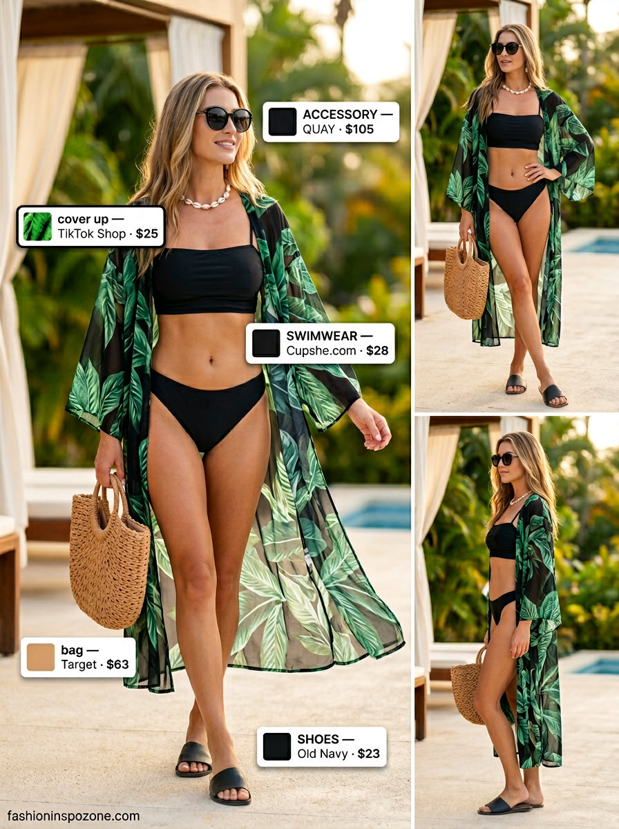 Tropical summer beach cover up outfit for women 2026: Leaf print kimono, black bikini, and straw tote.