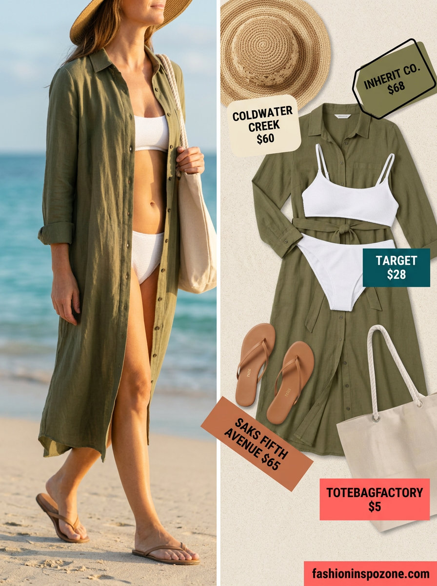 Olive green linen cover up outfit for women 2026: Oversized shirt dress, white bikini, straw hat, leather sandals.