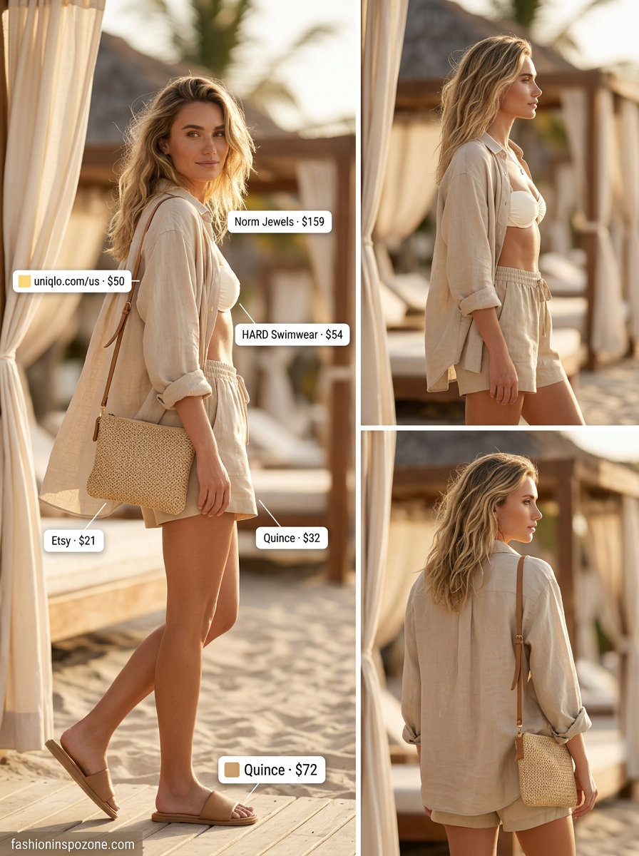 Sophisticated summer beach cover up outfit for women 2026: Linen set, bikini, and leather slides.