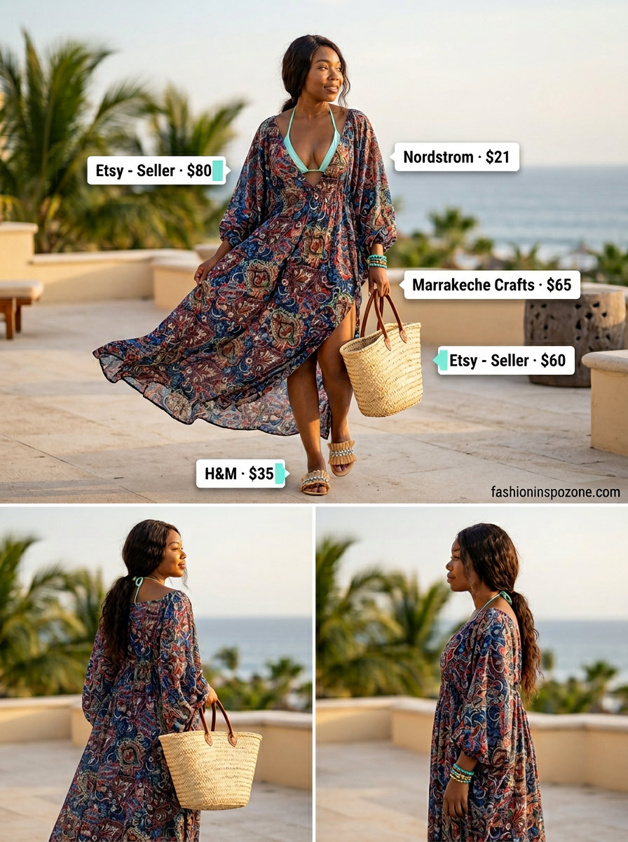 Bohemian summer beach cover up outfit for women 2026: Paisley kaftan, turquoise bikini, and straw tote.