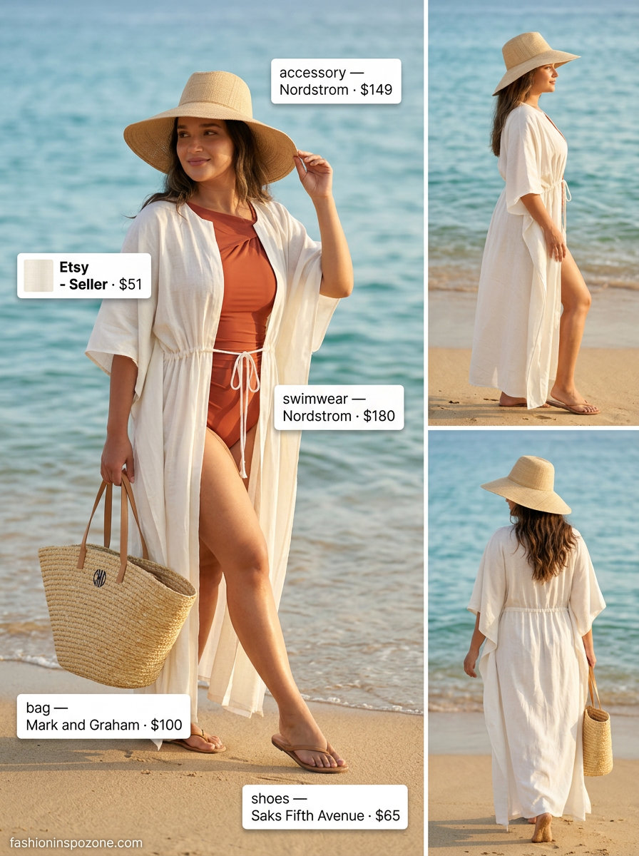 Effortless cream kaftan cover up outfit for women 2026 with terracotta swimsuit, straw hat, and tan sandals.