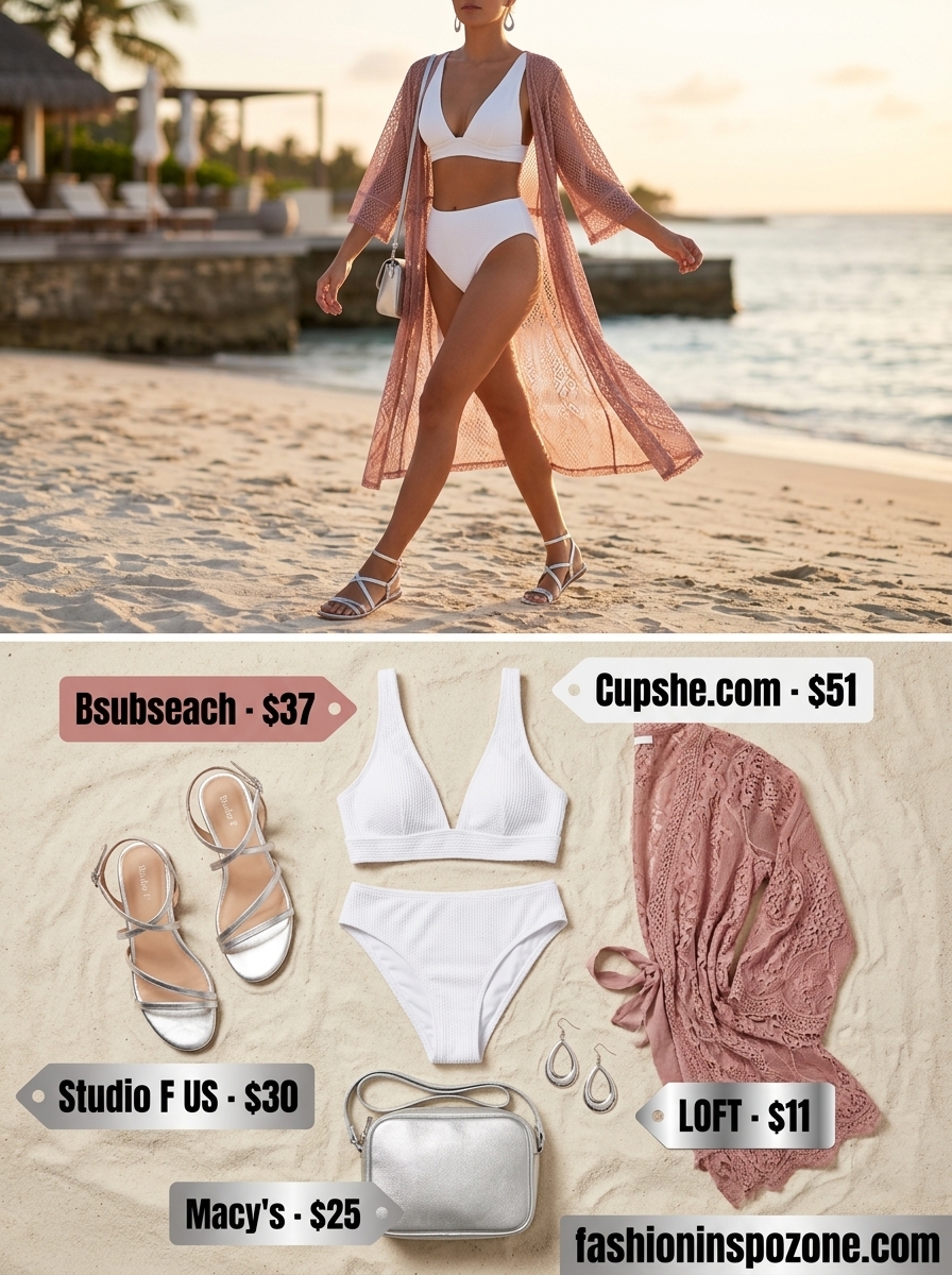 Elegant blush pink sheer duster cover up outfit for women 2026: Flowing duster, white bikini, silver sandals.