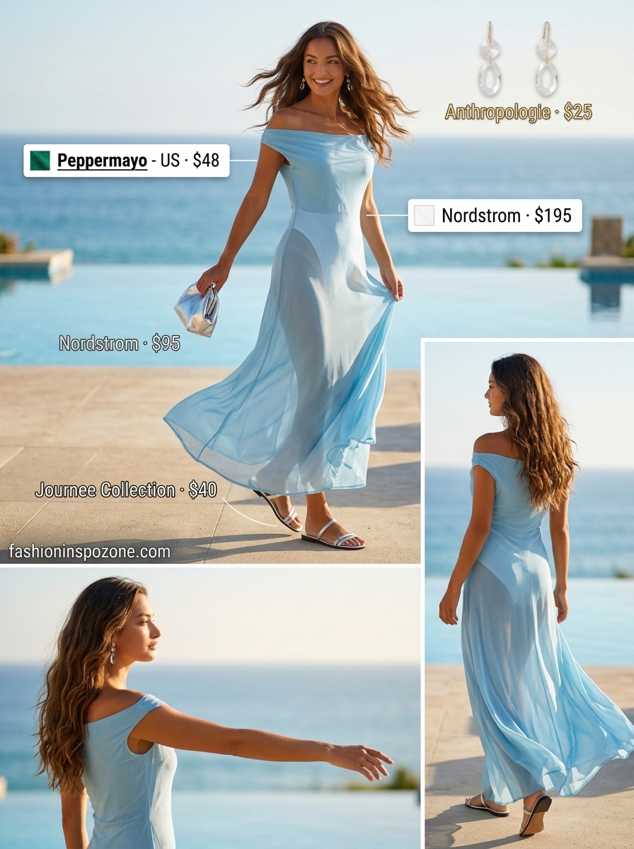 Romantic summer beach cover up outfit for women 2026: Sheer maxi dress, slip dress, and silver sandals.
