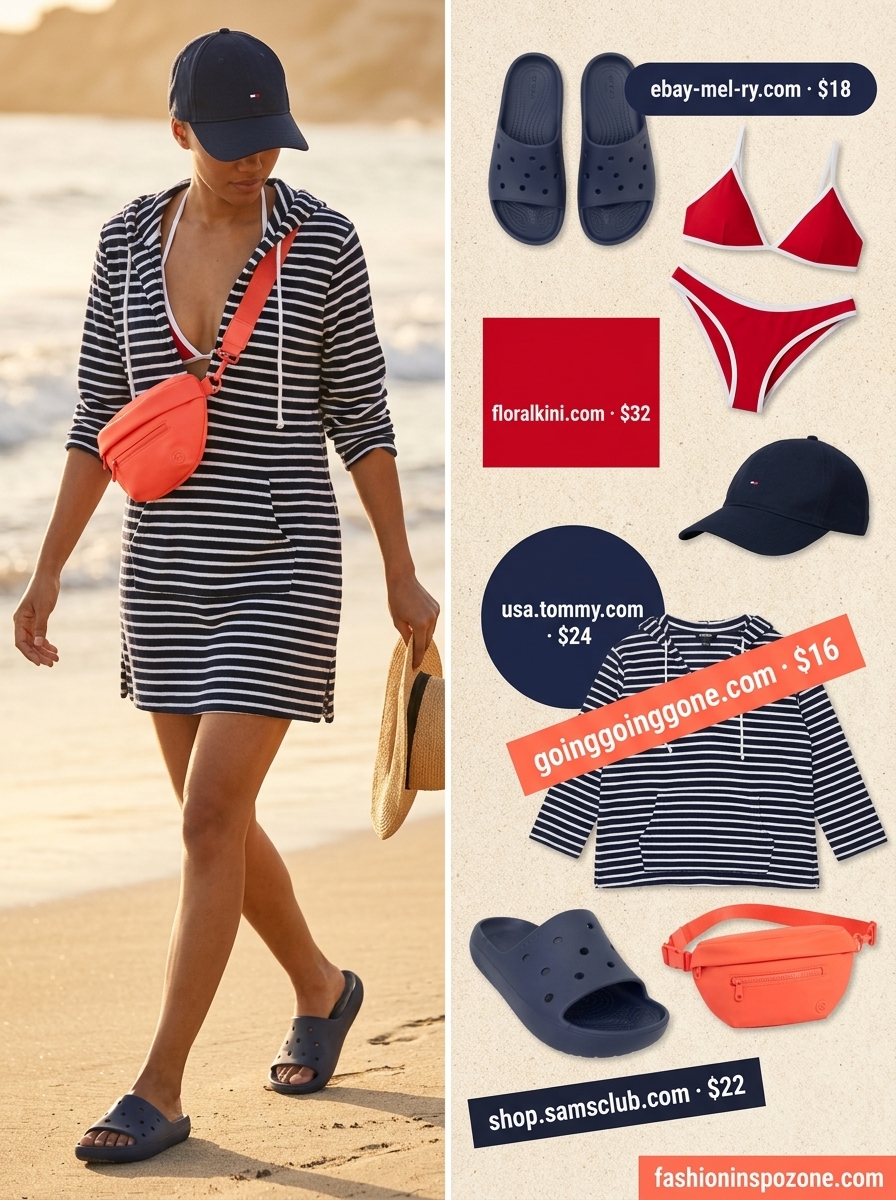 Sporty navy and white stripe hooded cover up outfit for women 2026 with red bikini, slides, and baseball cap.