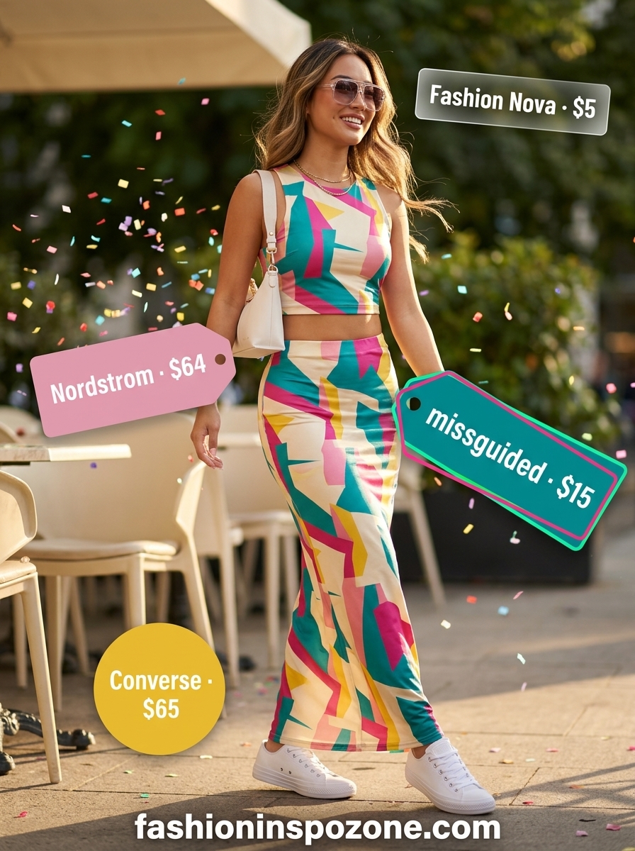 Abstract print co-ord set outfit for a summer birthday party for women 2026. Bold, playful look with sneakers and sunglasses.