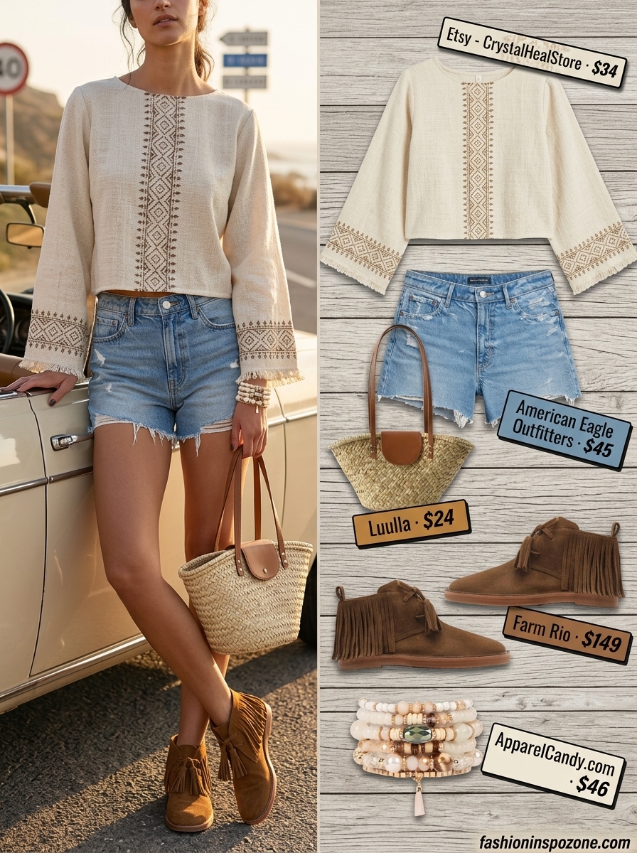 Peasant blouse & denim shorts: a boho summer birthday party outfit for women 2026. Beach gathering style.