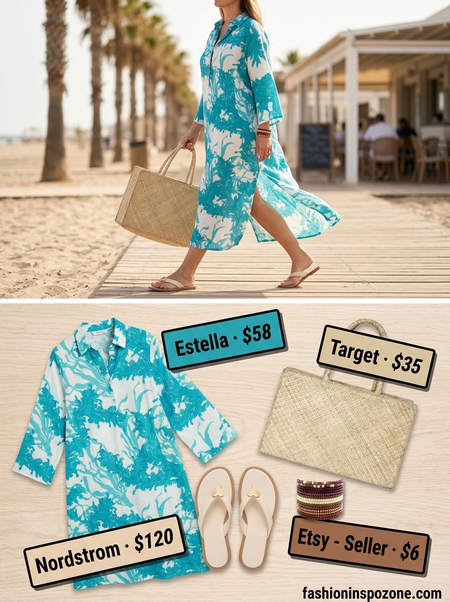 Abstract print caftan dress: a boho summer birthday party outfit for women 2026. Beach celebration style.