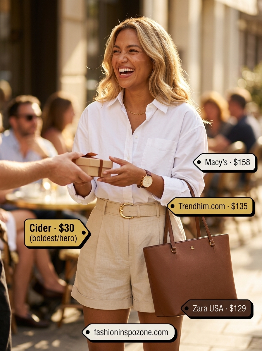 Camel linen shorts outfit for a summer birthday party for women 2026. Chic, polished look with oversized shirt and loafers.