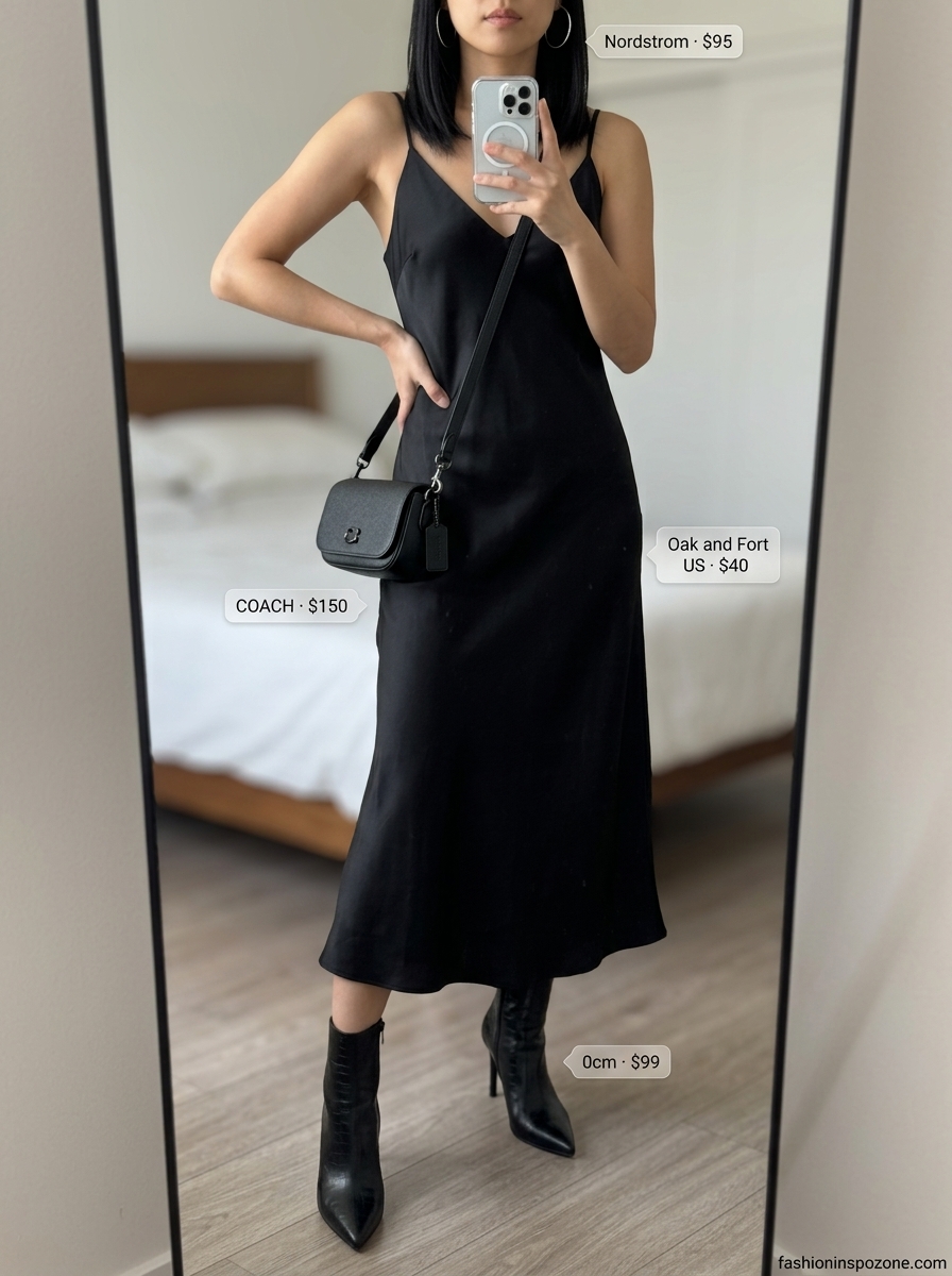 Black slip dress & ankle boots: a chic summer birthday party outfit for women 2026. City night out style.
