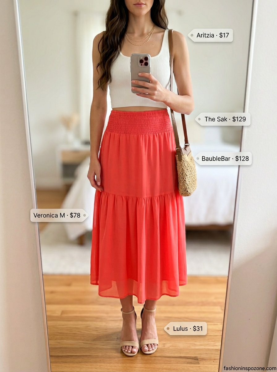 Coral midi skirt outfit for a summer birthday party for women 2026. Chic, radiant look with cropped tank and heeled sandals.