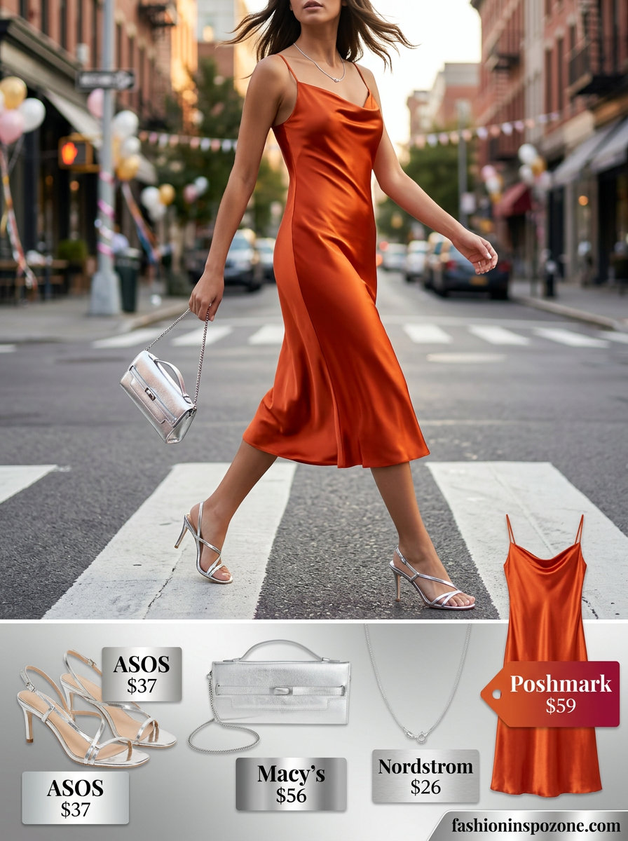 Coral slip dress outfit for a summer birthday party for women 2026. Seductive, chic look with silver sandals and clutch.