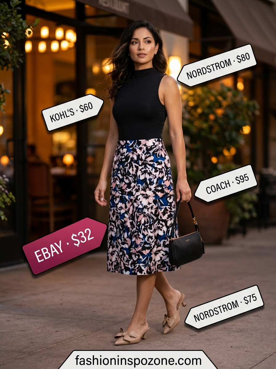 Floral midi skirt & bodysuit: an elegant summer birthday party outfit for women 2026. Evening event style.