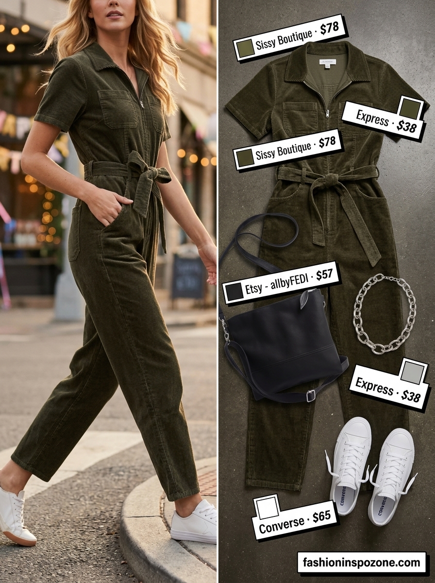 Olive green jumpsuit outfit for a summer birthday party for women 2026. Edgy, modern look with sneakers and silver necklace.