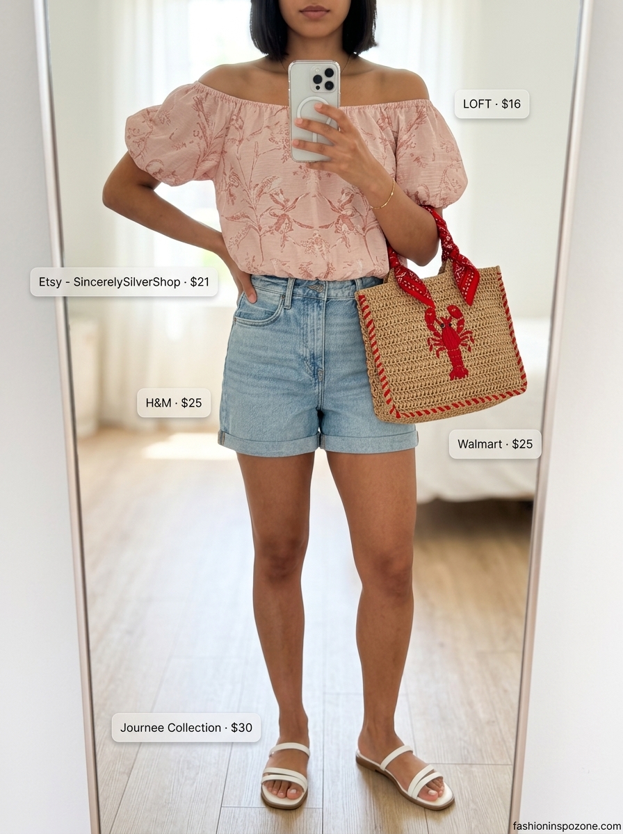 Denim shorts & floral top: a cute summer birthday party outfit for women 2026. Casual picnic style.