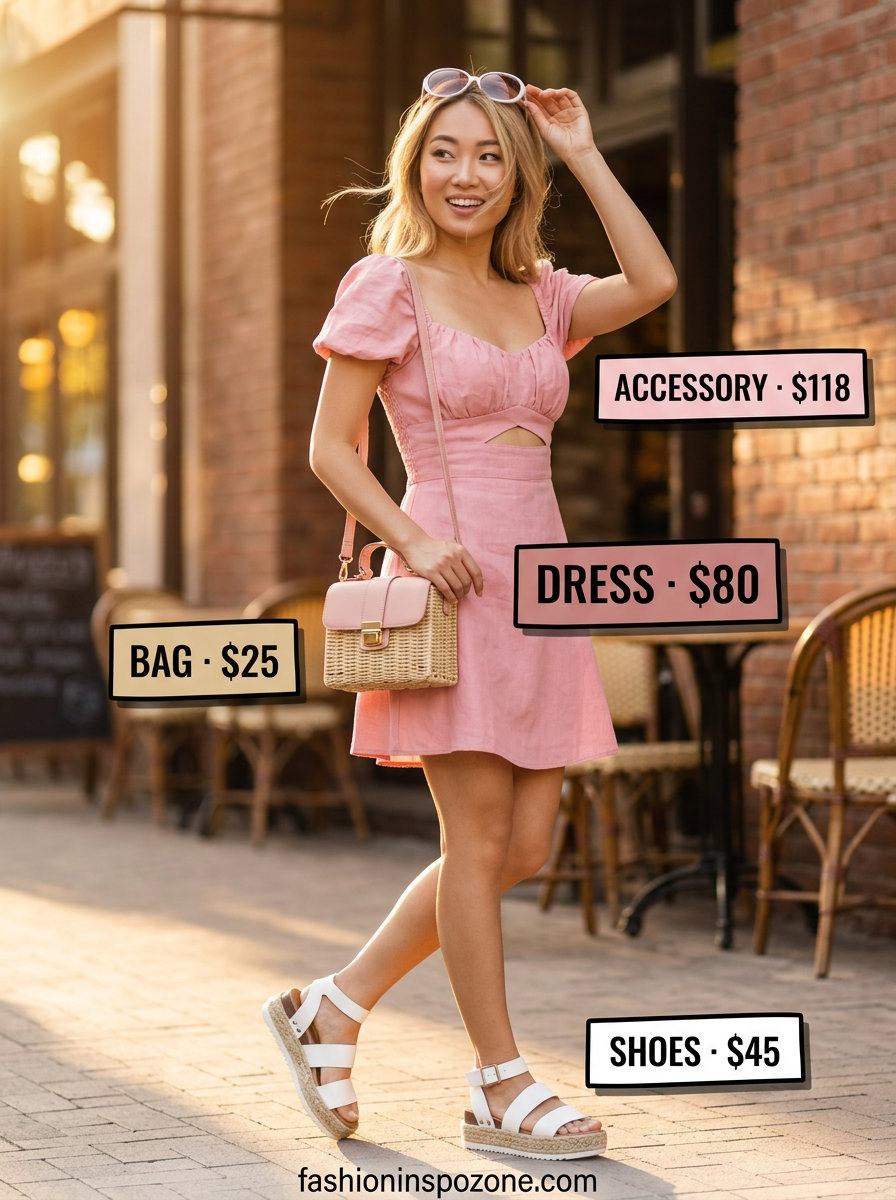 Pink sundress outfit for a summer birthday party for women 2026. Sweet, playful look with straw bag and platform sandals.