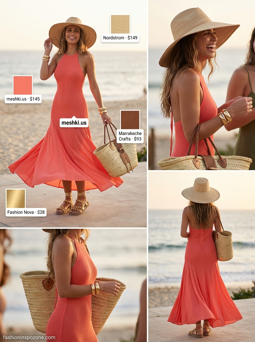 Coral halter maxi dress: a relaxed summer birthday party outfit for women 2026. Beach party style.